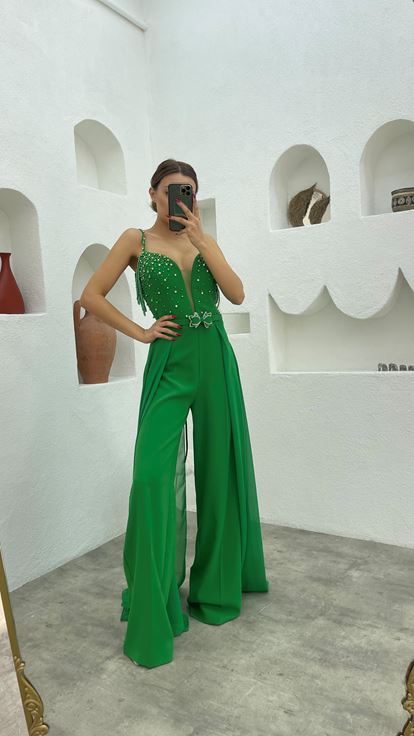 Green Rope Strap Bead Embroidered Design Satin Jumpsuit