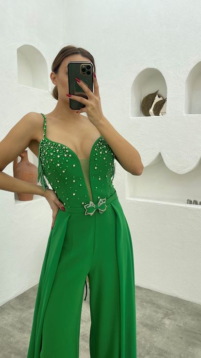 Green Rope Strap Bead Embroidered Design Satin Jumpsuit