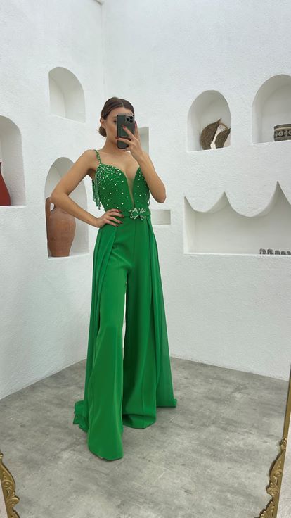 Green Rope Strap Bead Embroidered Design Satin Jumpsuit
