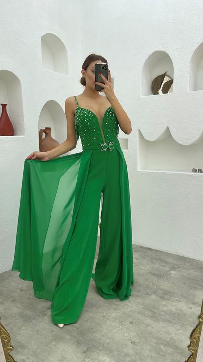 Green Rope Strap Bead Embroidered Design Satin Jumpsuit