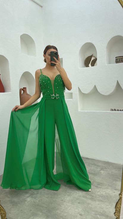 Green Rope Strap Bead Embroidered Design Satin Jumpsuit