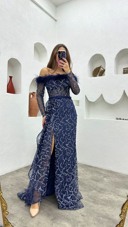 Navy Blue Feather Detail Glittered Ruffle Design Evening Dress