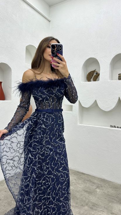 Navy Blue Feather Detail Glittered Ruffle Design Evening Dress