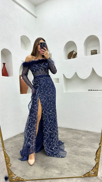 Navy Blue Feather Detail Glittered Ruffle Design Evening Dress
