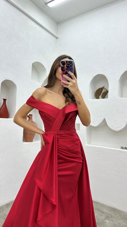 Red Drape Detail Belted Flounce Design Evening Dress