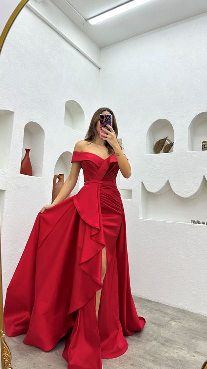 Red Drape Detail Belted Flounce Design Evening Dress