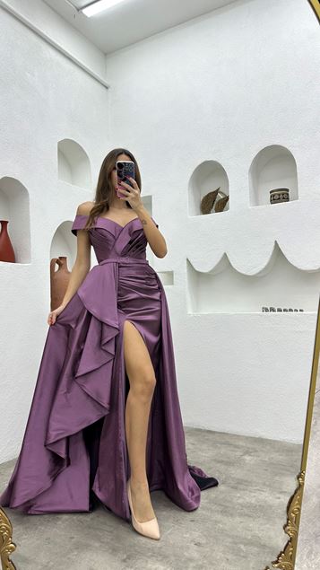 Vestido de noche con volantes drapeado lila con cinturón