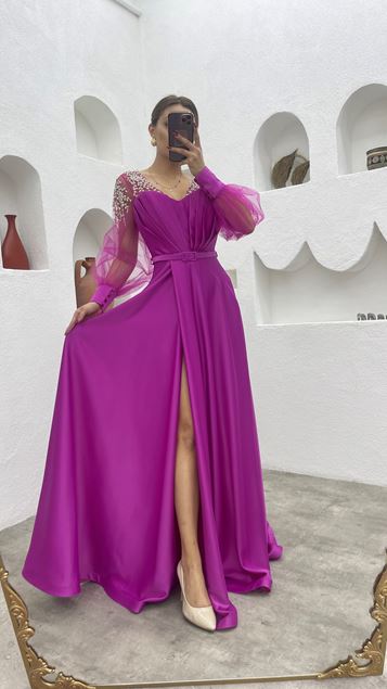 Fuchsia Embroidered Detail Draped Belted Satin Evening Dress