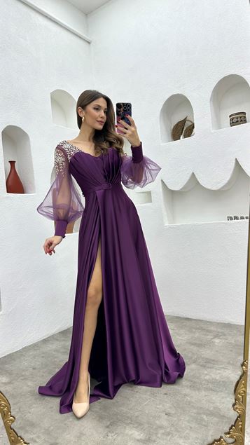 Purple Embroidered Detail Draped Belted Satin Evening Dress