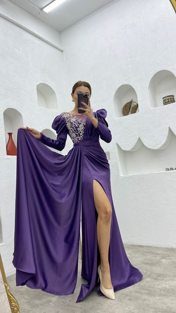 Purple Bust Part Embroidered Detail Draped Satin Evening Dress