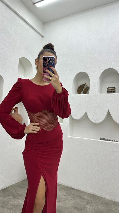 Claret Red Transparent Detail Satin Evening Dress