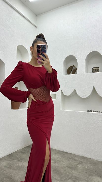 Claret Red Transparent Detail Satin Evening Dress