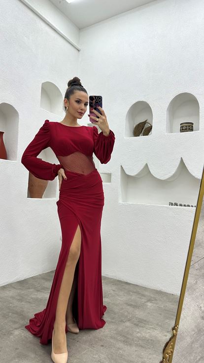Claret Red Transparent Detail Satin Evening Dress