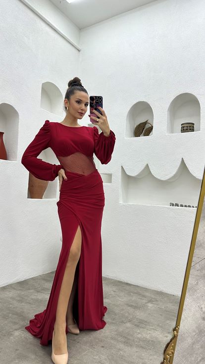 Claret Red Transparent Detail Satin Evening Dress