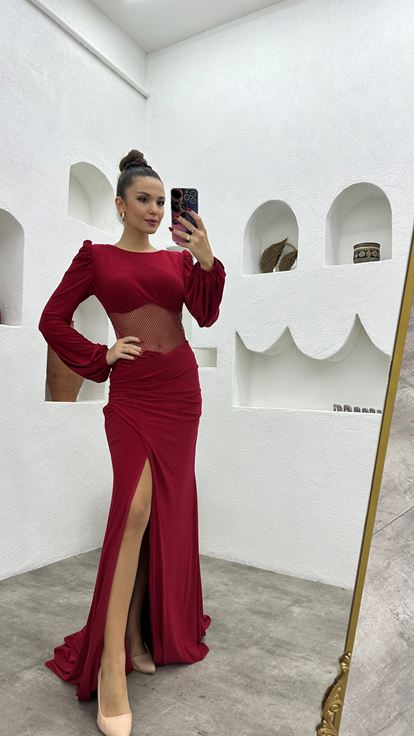 Claret Red Transparent Detail Satin Evening Dress