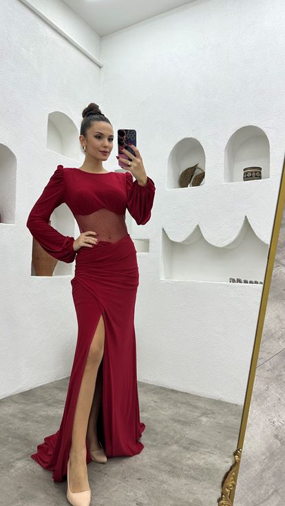 Claret Red Transparent Detail Satin Evening Dress