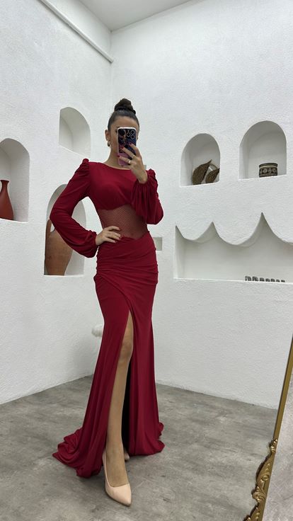 Claret Red Transparent Detail Satin Evening Dress