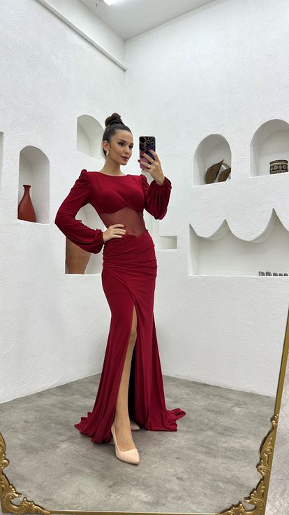 Claret Red Transparent Detail Satin Evening Dress