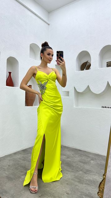 Yellow Rope Strap Brooch Satin Evening Dress