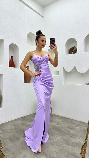 Broche de correa de cuerda lila Vestido de noche de satén