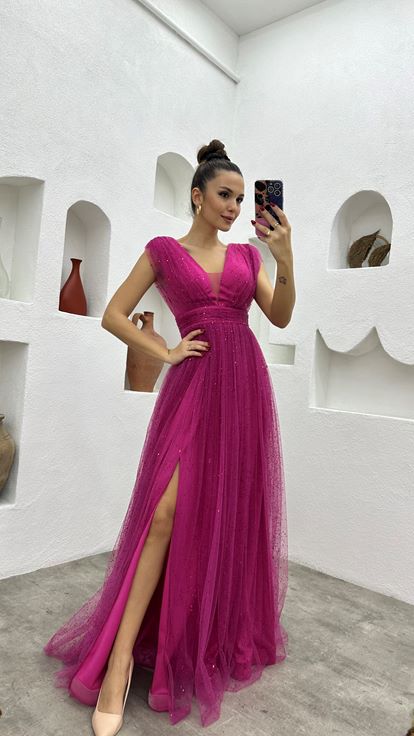 Fuşya Drapeli Simli Tül Abiye Elbise