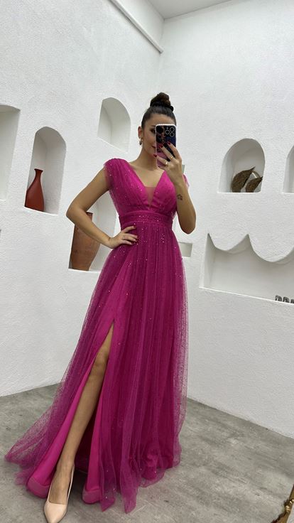 Fuşya Drapeli Simli Tül Abiye Elbise