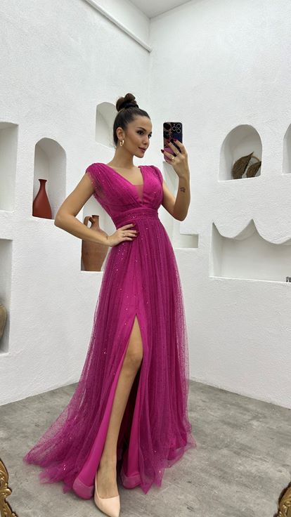 Fuşya Drapeli Simli Tül Abiye Elbise