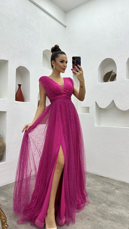 Fuşya Drapeli Simli Tül Abiye Elbise