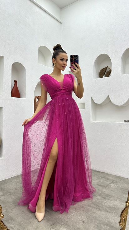 Fuşya Drapeli Simli Tül Abiye Elbise