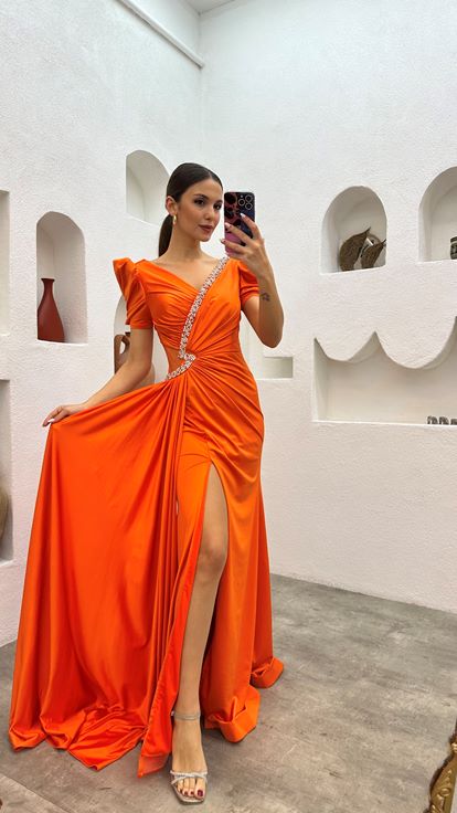Orange Collar Embellished Waist Detail Evening Dress