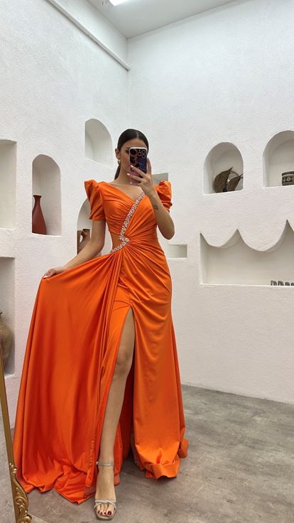 Orange Collar Embellished Waist Detail Evening Dress