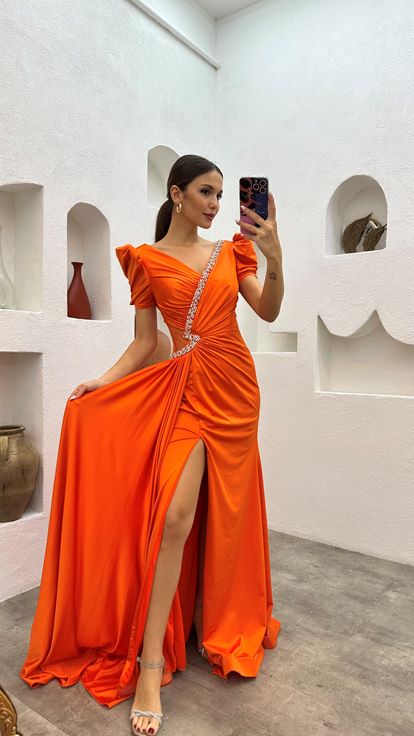 Orange Collar Embellished Waist Detail Evening Dress