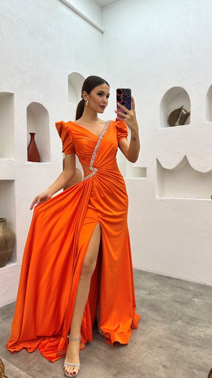Orange Collar Embellished Waist Detail Evening Dress