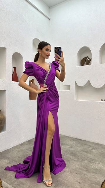 Fucsia Colletto Pietra Pietra Dettaglio Abito da sera