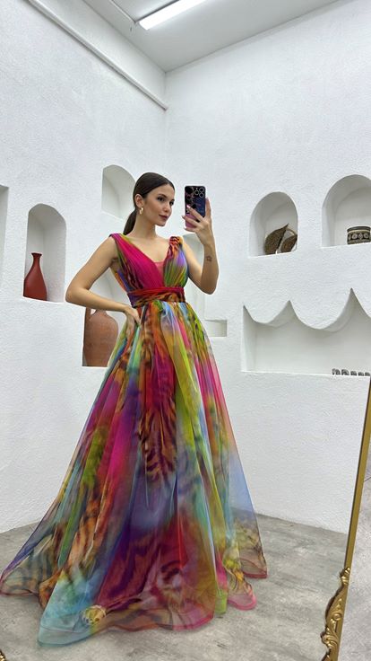 Fuchsia Robe de soirée en tulle à motifs colorés