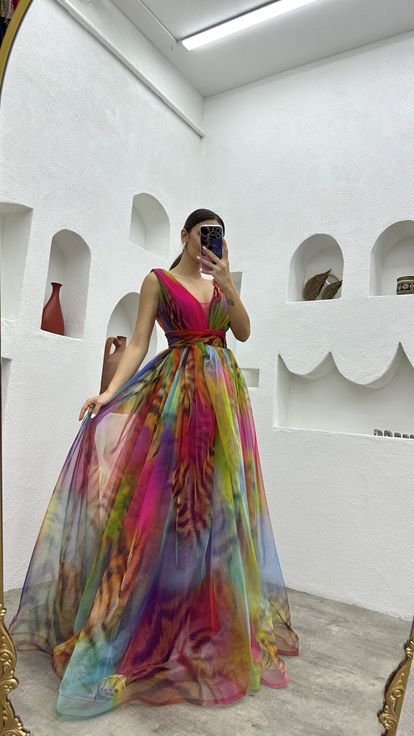 Fuchsia Robe de soirée en tulle à motifs colorés