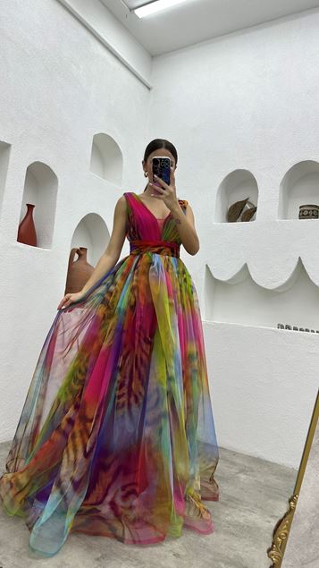 Fuchsia Patterned Design Tulle Evening Dress