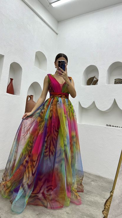 Fuchsia Robe de soirée en tulle à motifs colorés