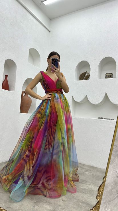 Fuchsia Robe de soirée en tulle à motifs colorés