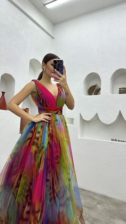 Fuchsia Robe de soirée en tulle à motifs colorés