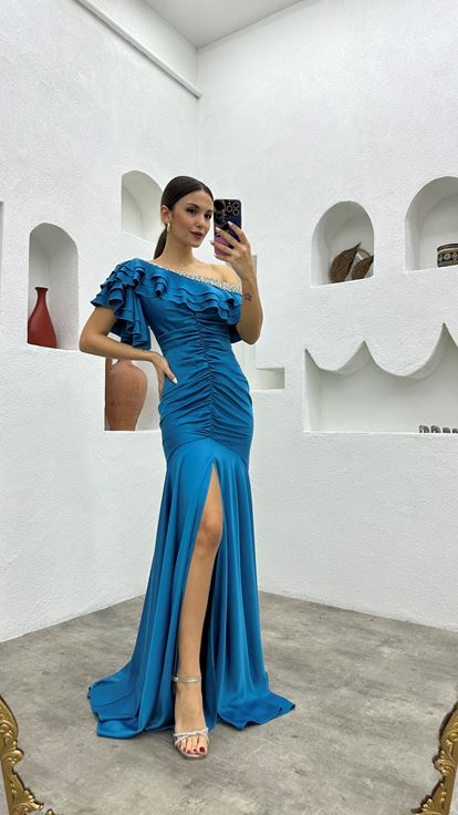 نيلي تمثال نصفي حذافة تفاصيل مطوي فستان سهرة