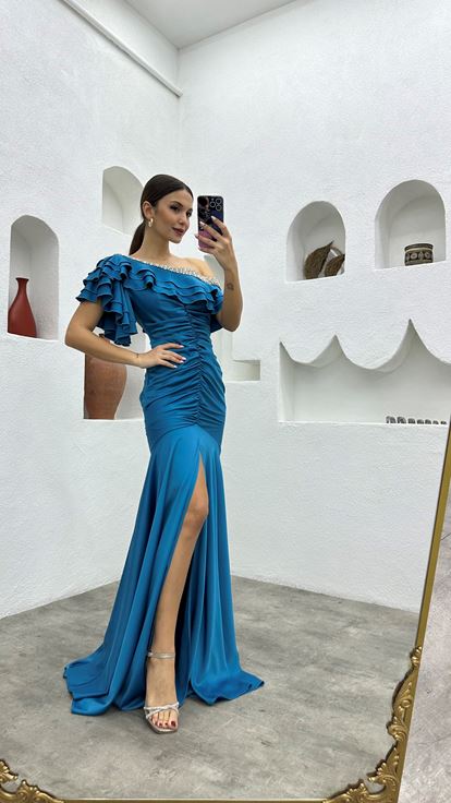 نيلي تمثال نصفي حذافة تفاصيل مطوي فستان سهرة