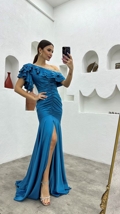 نيلي تمثال نصفي حذافة تفاصيل مطوي فستان سهرة