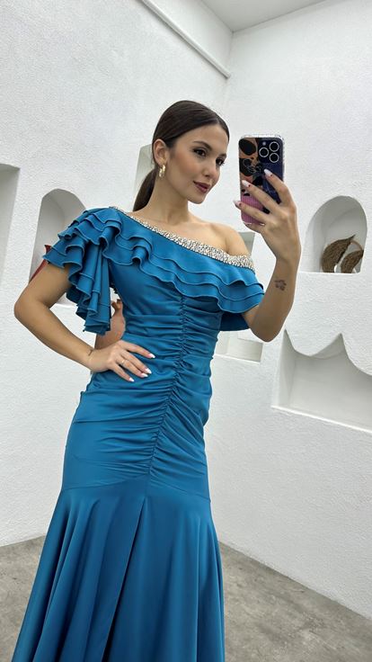 نيلي تمثال نصفي حذافة تفاصيل مطوي فستان سهرة