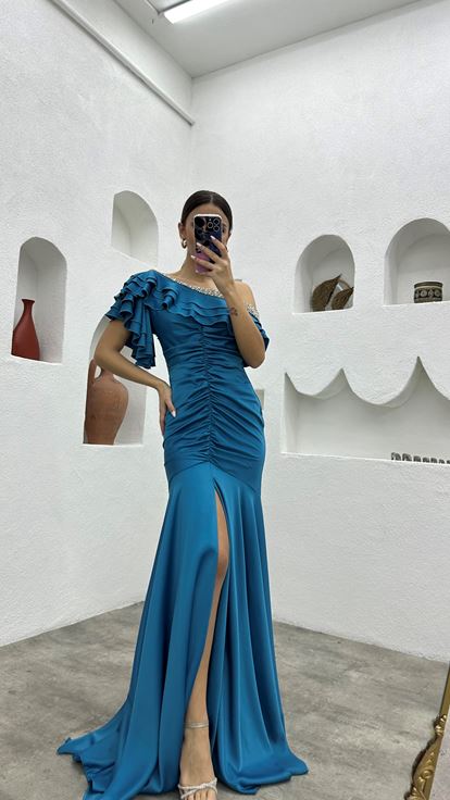 نيلي تمثال نصفي حذافة تفاصيل مطوي فستان سهرة