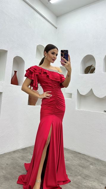 Red Chest Stone Flounced Abito da sera con coulisse