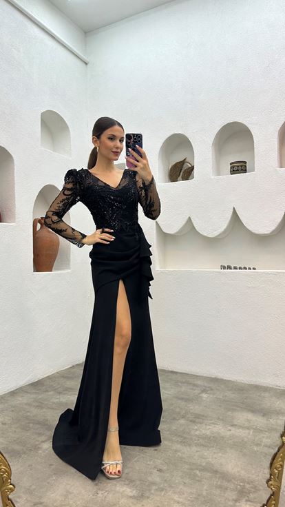 Black Sequin Detail Volleyball Evening Dress