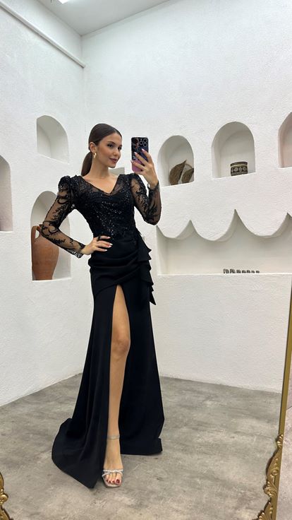 Black Sequin Detail Volleyball Evening Dress