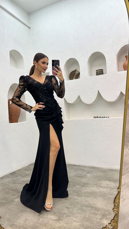 Black Sequin Detail Volleyball Evening Dress