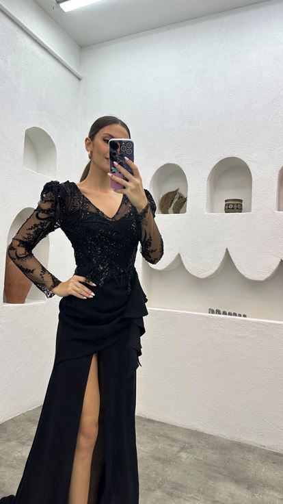 Black Sequin Detail Volleyball Evening Dress